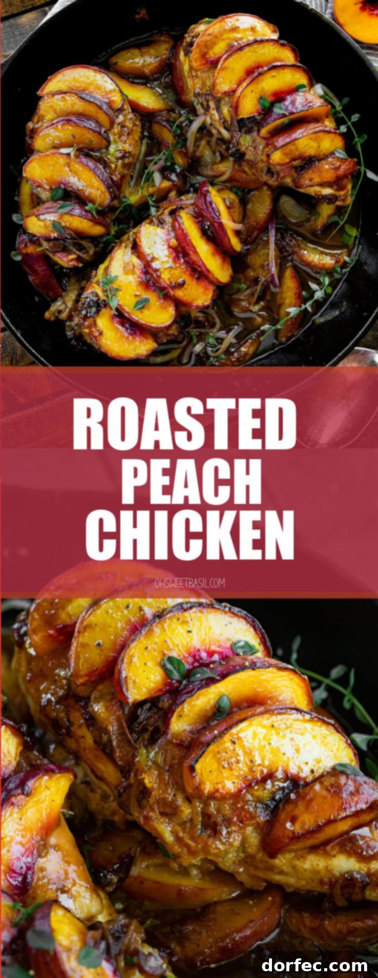 Sweet and Savory Peach Chicken 8 A large cast-iron skillet showcasing three beautifully roasted chicken breasts, each topped with caramelized peach slices, ready to be served.