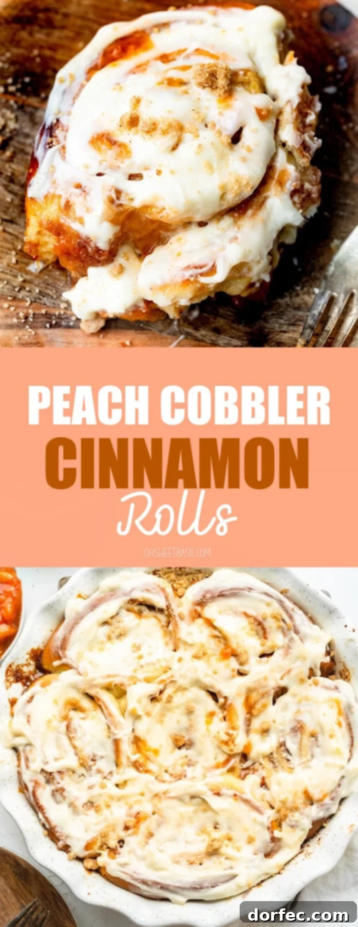 Peach Cobbler Swirl Buns 15 A close-up photo of a peach cinnamon rolls sitting on a wooden dessert plate loaded with peach jam and topped with peach cream cheese frosting