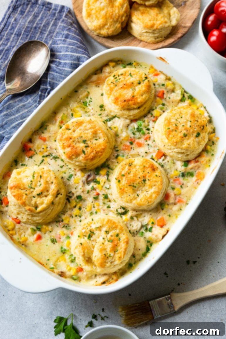 A comforting photo of a white rectangular baking dish, filled with a rich, creamy chicken pot pie filling, generously topped with six perfectly golden, flaky buttermilk biscuits.