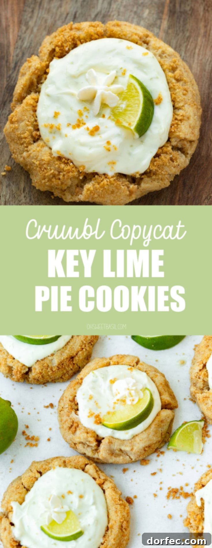 Key Lime Pie Crumbl Cookies 10 A photo of a golden baked graham cracker cookie filled with key lime pie filling and topped with a small lime wedge and a dollop of whipped cream