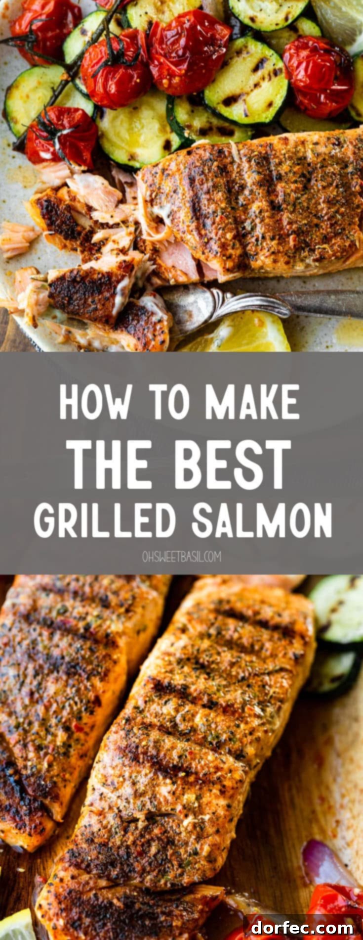 A beautifully grilled salmon fillet, flaked on one end to show its tender interior, is served with a vibrant array of grilled vegetables, highlighting its tender, moist texture and delicious char.