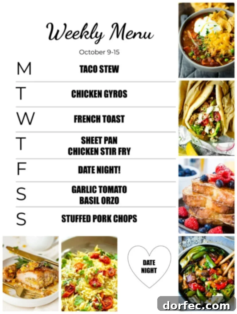 A beautifully presented weekly meal plan graphic for October 9-15, showcasing diverse and appealing dishes for each day of the week.