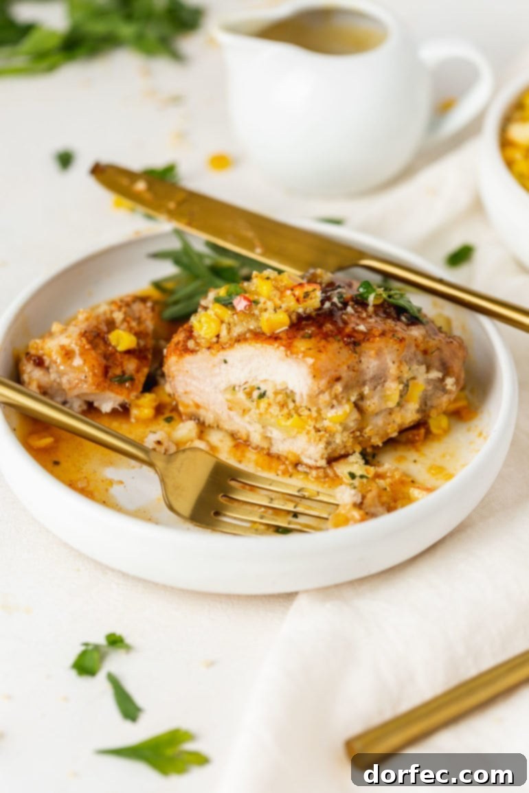 A perfectly cooked stuffed pork chop, sliced open to reveal its savory interior, resting in a golden sauce on a white plate, with a knife and fork elegantly placed beside it.