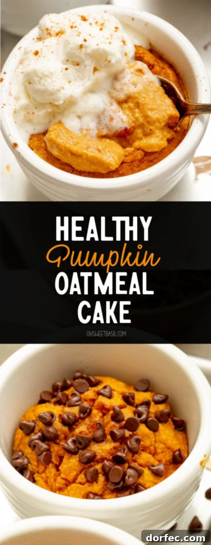 A baked pumpkin mug cake topped with mini chocolate chips, emphasizing its delicious and customizable nature.