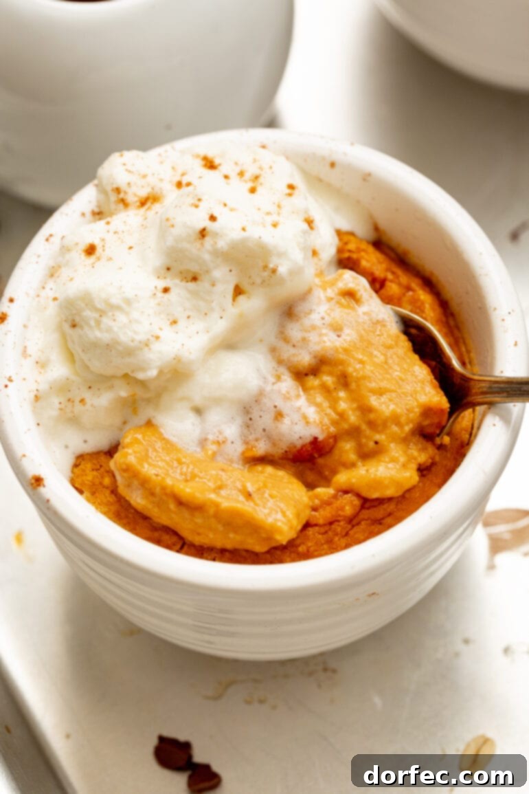 A photo of a baked pumpkin pie mug cake topped with a dollop of whipped cream and sprinkled with cinnamon, ready to be served.