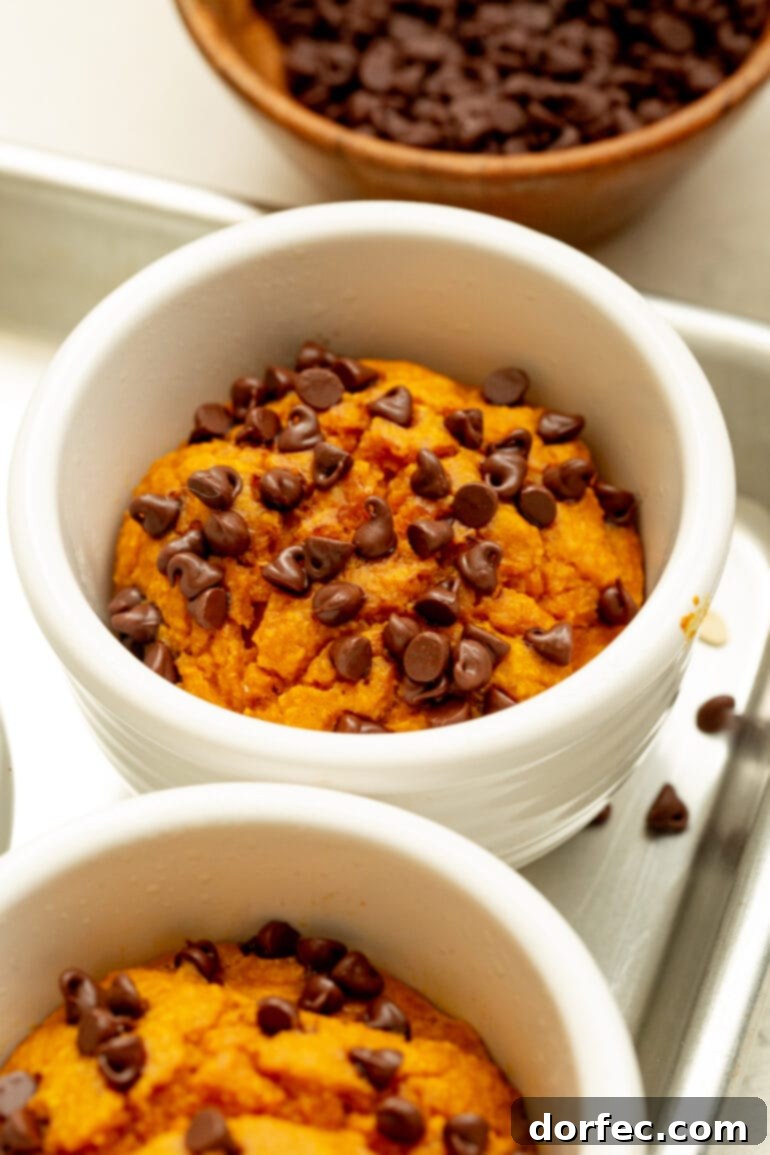 A photo of a baked pumpkin mug cake topped with mini chocolate chips, offering a sweet variation.