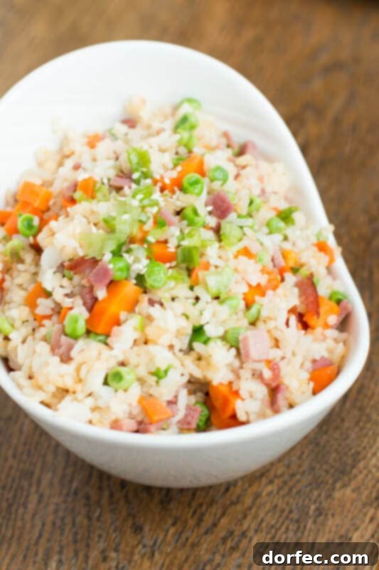 A vibrant bowl of ham fried rice with mixed vegetables and scrambled eggs