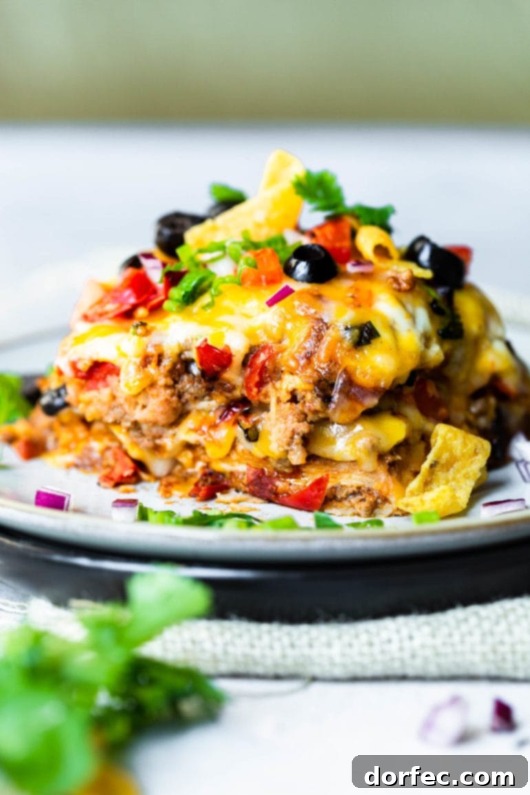 a photo of a piece of taco casserole on a saucer piled high with layers of cheesy ground beef, melted cheese on top, black beans, diced tomatoes and fresh cilantro.