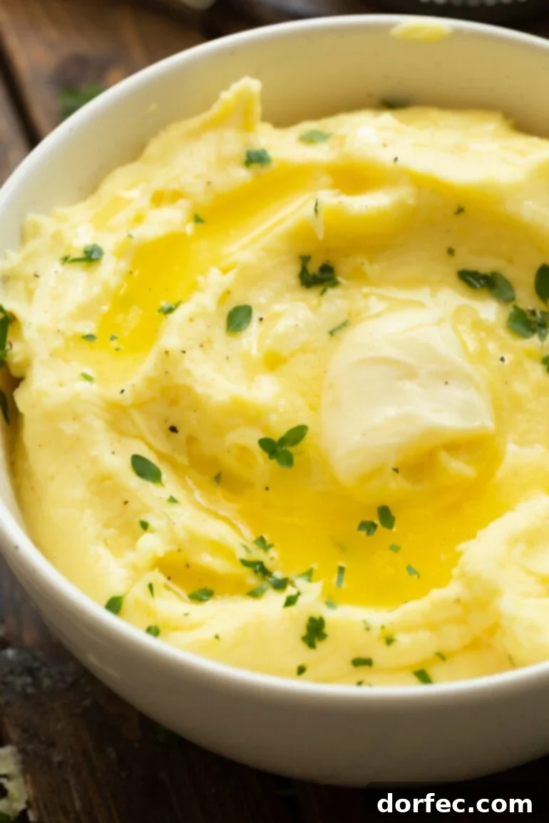 A beautifully presented large serving bowl of creamy Instant Pot mashed potatoes, adorned with a melting pat of butter and a sprinkle of fresh green herbs, ready to be enjoyed as a perfect side dish for any holiday or family dinner.