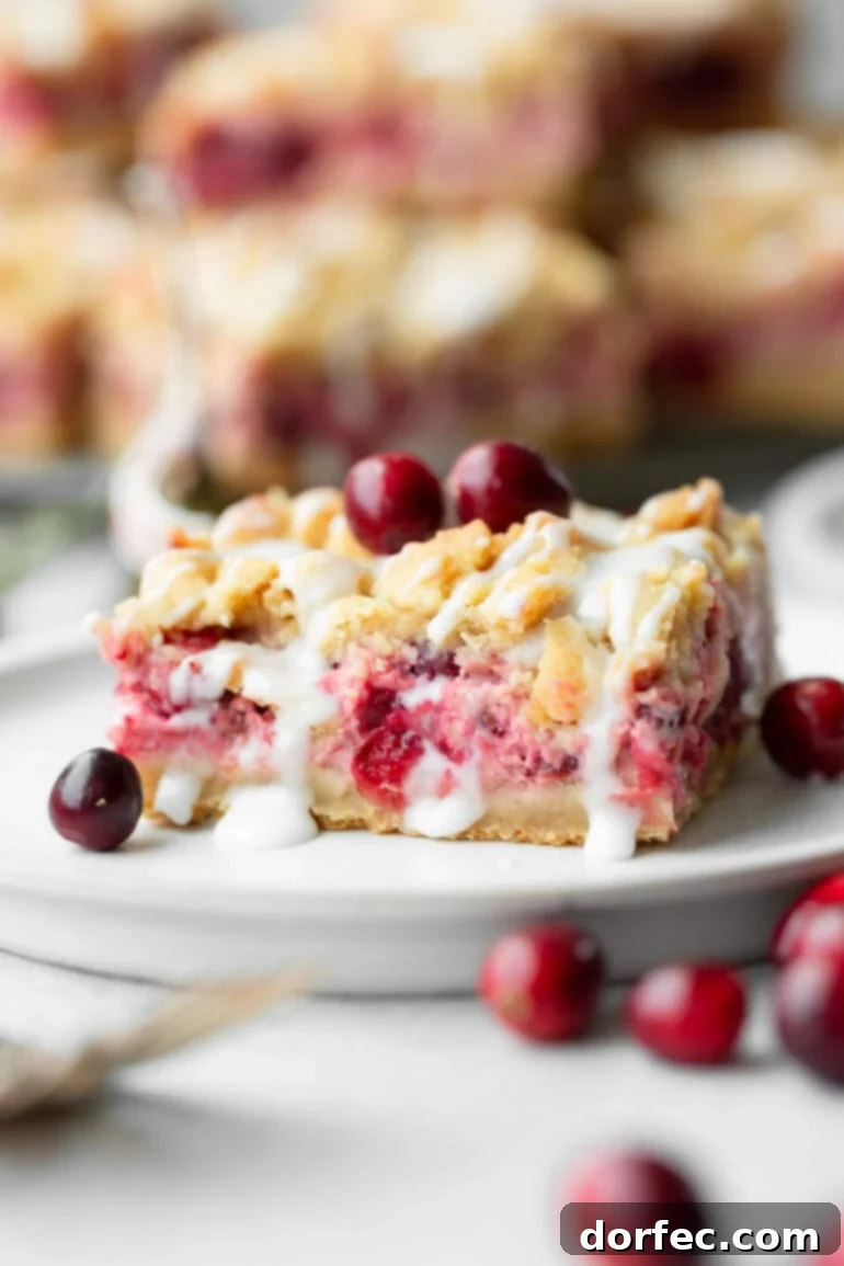 A photo of a cranberry crumb bar sitting on a small dessert plate with whole cranberries scattered around it and on top of it