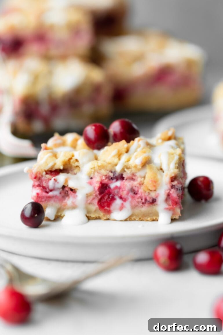 A photo of a cranberry crumb bar sitting on a small dessert plate drizzled with a white glaze and whole cranberries scattered around it