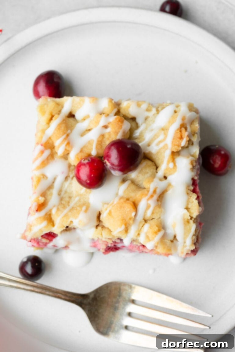 A photo taken over the top of a single square cranberry crumb bar topped with a white glaze drizzle with two whole cranberries on top