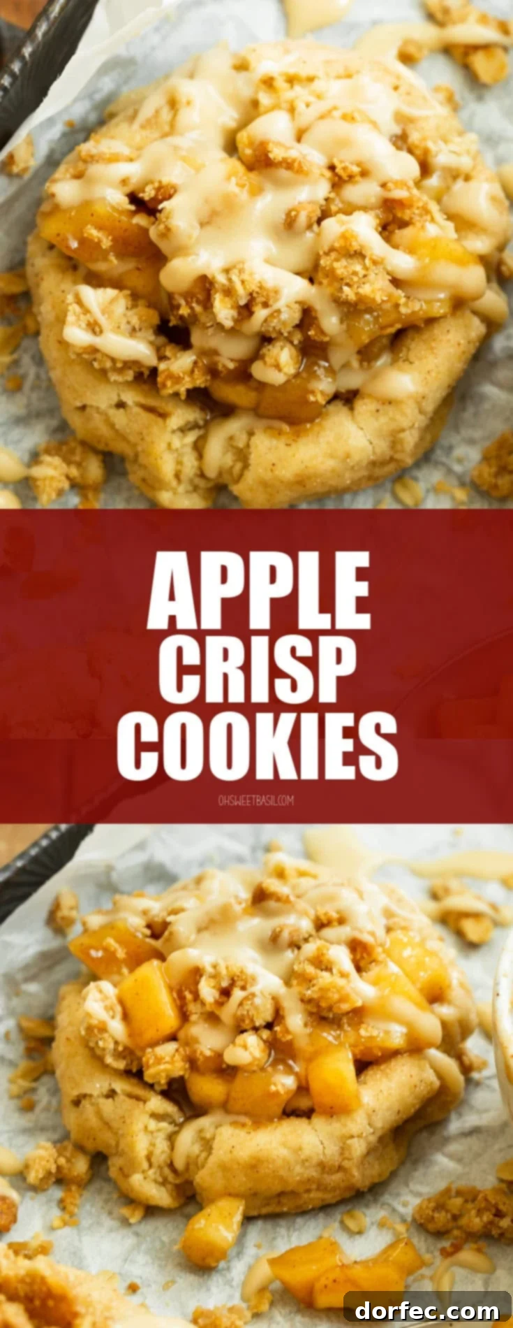 A high-angle shot of a baked Apple Crisp Cookie with a golden cookie base, topped generously with warm spiced apples, a crisp oat crumble, and a beautiful vanilla glaze drizzle.