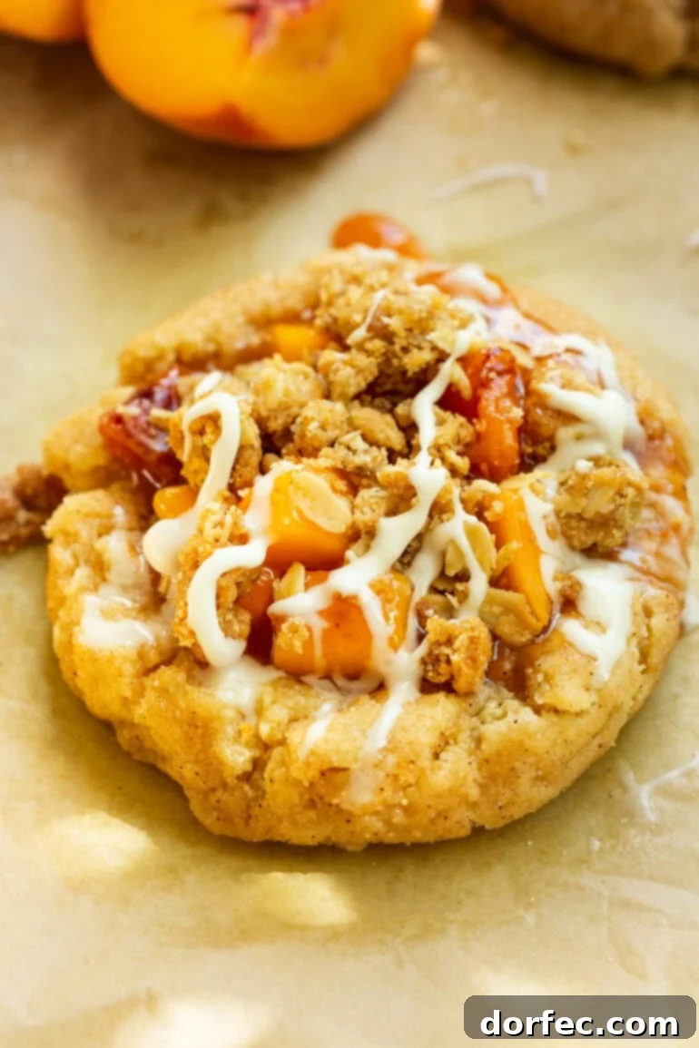 A beautifully baked peach crisp cookie with a golden cinnamon sugar base, filled with vibrant peach chunks, topped with a crunchy oat streusel, and finished with a delicate vanilla glaze.