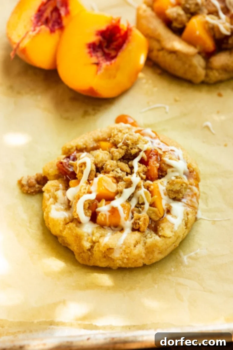 A golden-baked peach crisp cookie sits next to a fresh, sliced peach, highlighting the delicious fruit at the heart of the dessert.
