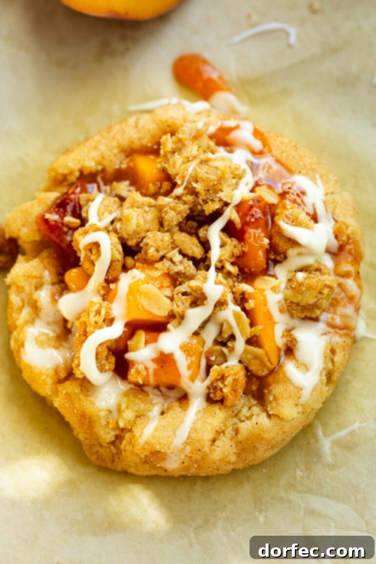 A close-up of a golden cinnamon sugar cookie base, generously topped with glistening peach filling, a generous sprinkle of crunchy oat streusel, and a delicate vanilla drizzle.