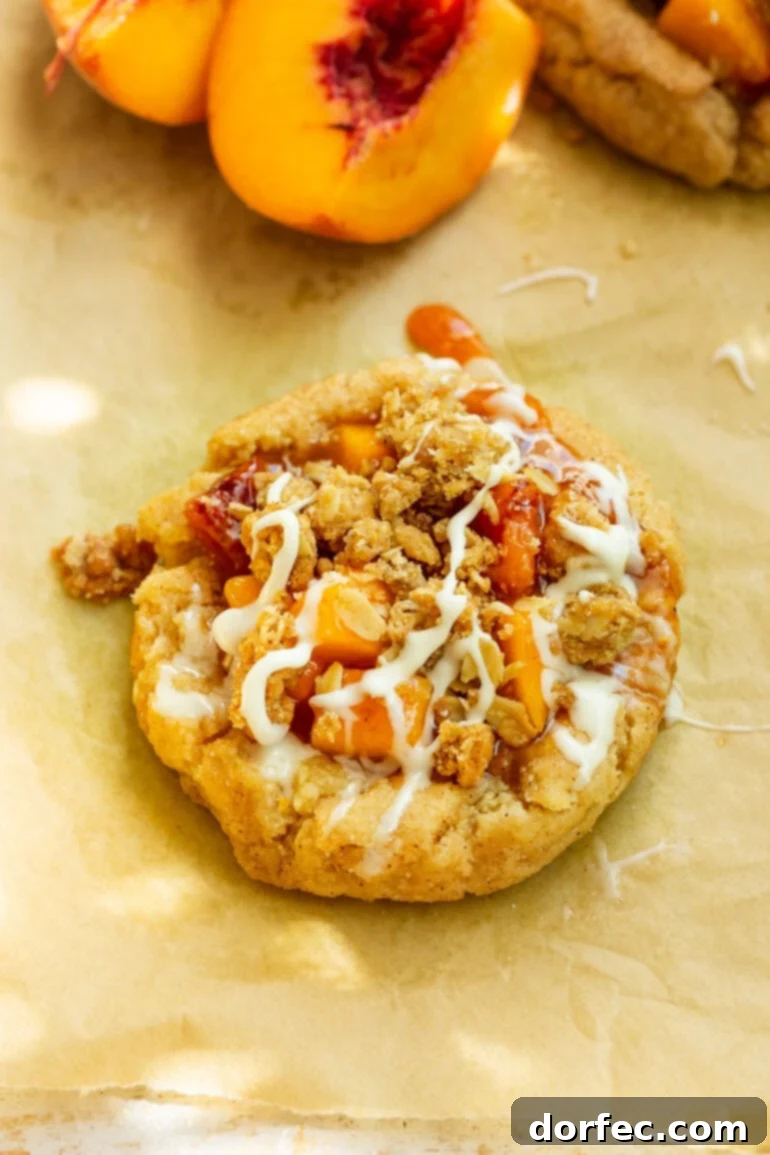 A single peach crisp cookie, generously adorned with juicy peach chunks, a crisp oat topping, and a delicate white vanilla drizzle, ready to be enjoyed.