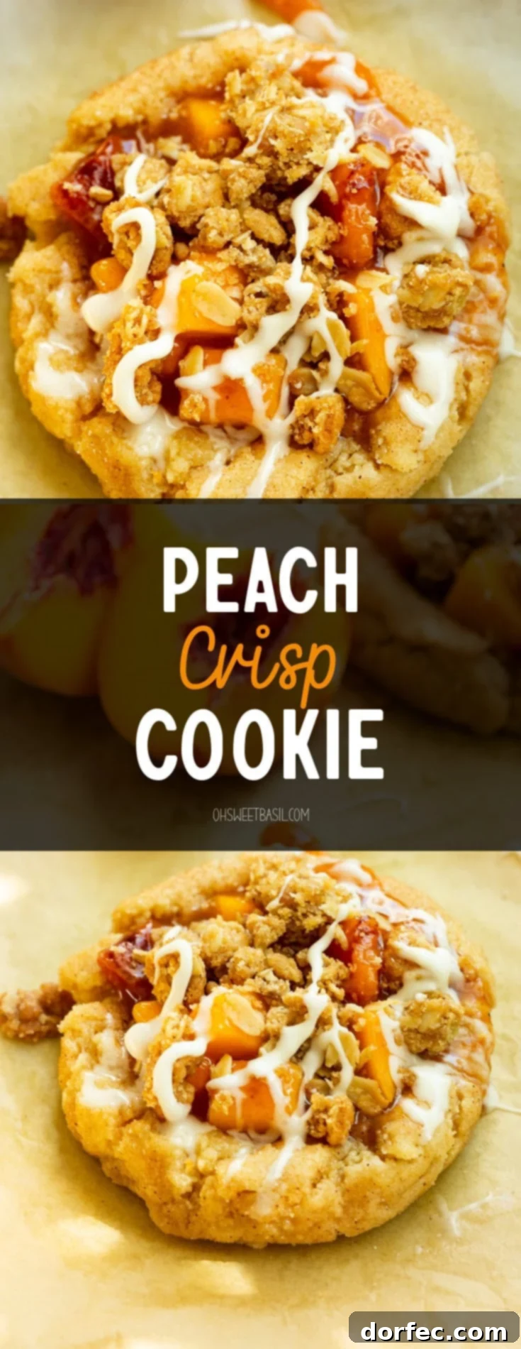 A beautifully presented peach crisp cookie with a sliced peach lying alongside it, emphasizing the fresh, vibrant fruit content.