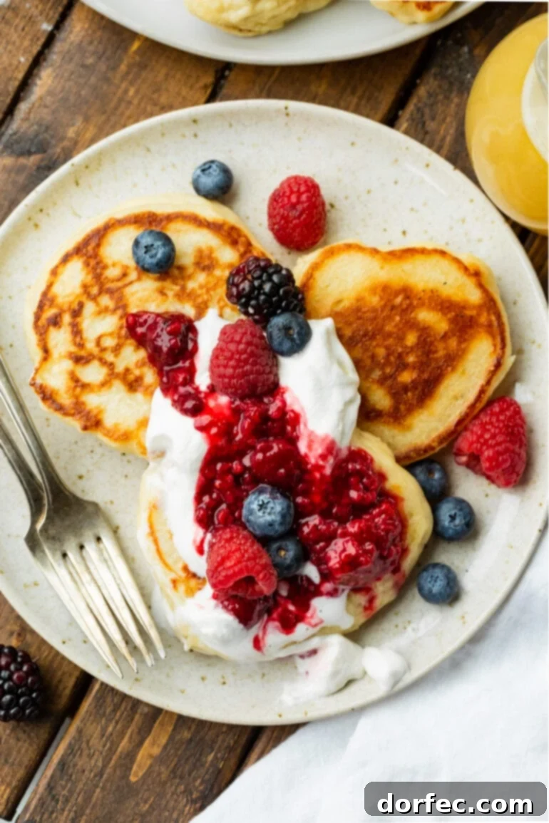 An overhead view of a plate adorned with three golden Oladi pancakes, bountifully topped with an assortment of fresh berries and a generous dollop of whipped cream.