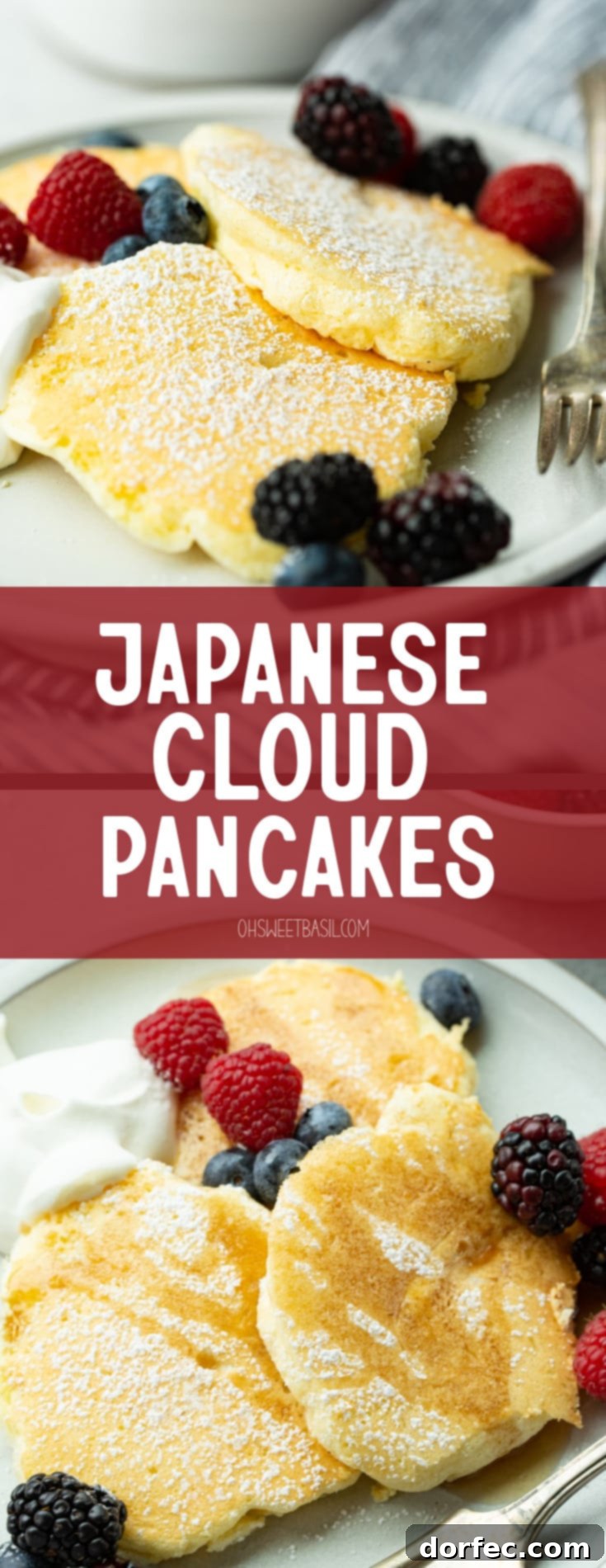 Fluffy Japanese Soufflé Pancakes 10 A delectable photo showcasing four perfectly rolled Swedish pancakes, artfully arranged side-by-side on a crisp white plate. They are generously topped with a sprinkle of diced fresh strawberries, highlighting their delicate texture and inviting presentation.
