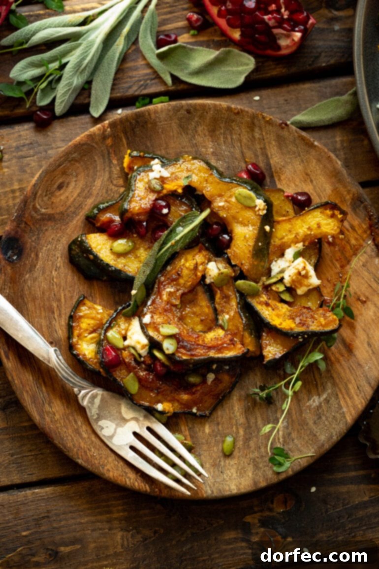 Heartwarming Holiday Acorn Squash 10 A beautiful serving of holiday acorn squash on a wooden plate, accompanied by a silver fork, showcasing its caramelized edges, festive toppings, and inviting texture.