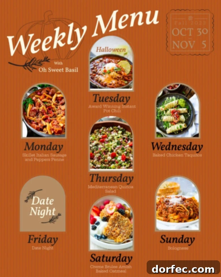 A comprehensive weekly meal plan displaying a variety of delicious recipes for each day, designed to simplify meal preparation and grocery shopping for busy families.