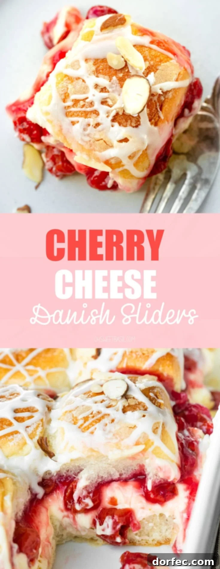 A large photo showcasing a baking dish filled with an abundance of golden-baked sliders, brimming with sweet cherry pie filling and creamy cheesecake filling, elegantly adorned with a delicate drizzle and toasted sliced almonds.