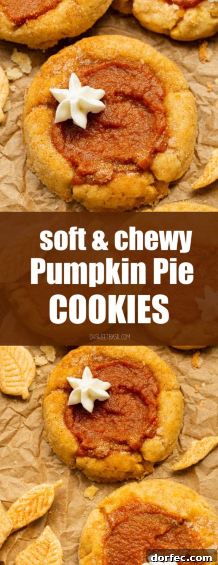 Delightfully Soft Chewy Pumpkin Pie Spice Cookies 11 A high-angle shot of several baked pumpkin pie cookies, featuring golden-brown edges and creamy pumpkin filling, arranged on a sheet of crumpled brown parchment paper.