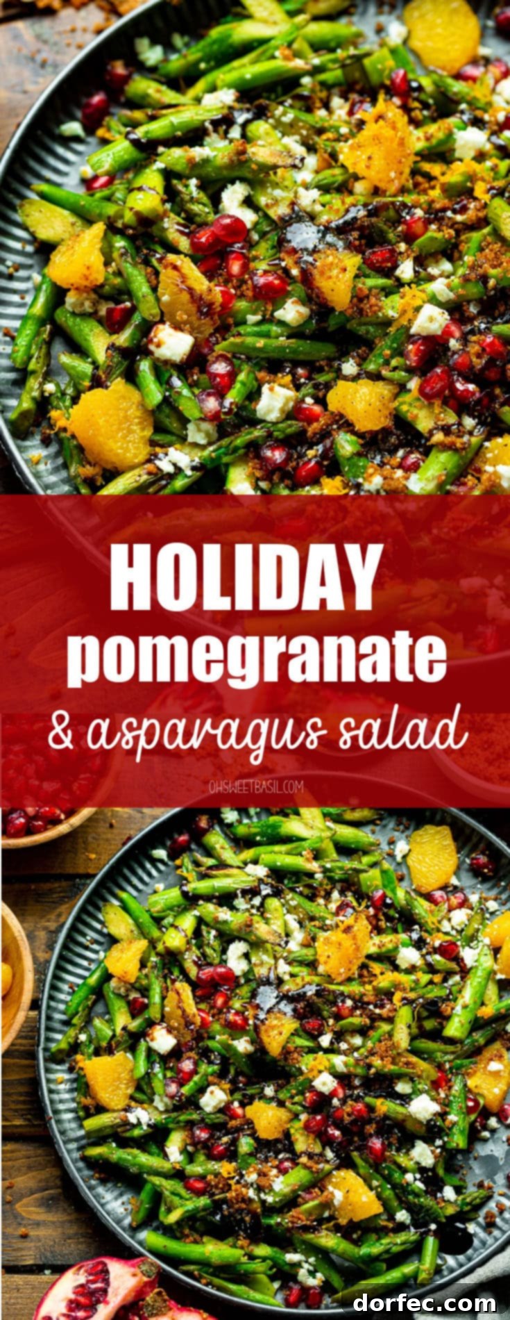 A vibrant and artfully arranged asparagus salad, featuring a generous mix of bright green asparagus, ruby red pomegranate seeds, sweet orange segments, and a delicate drizzle of balsamic glaze, all beautifully displayed on a platter.