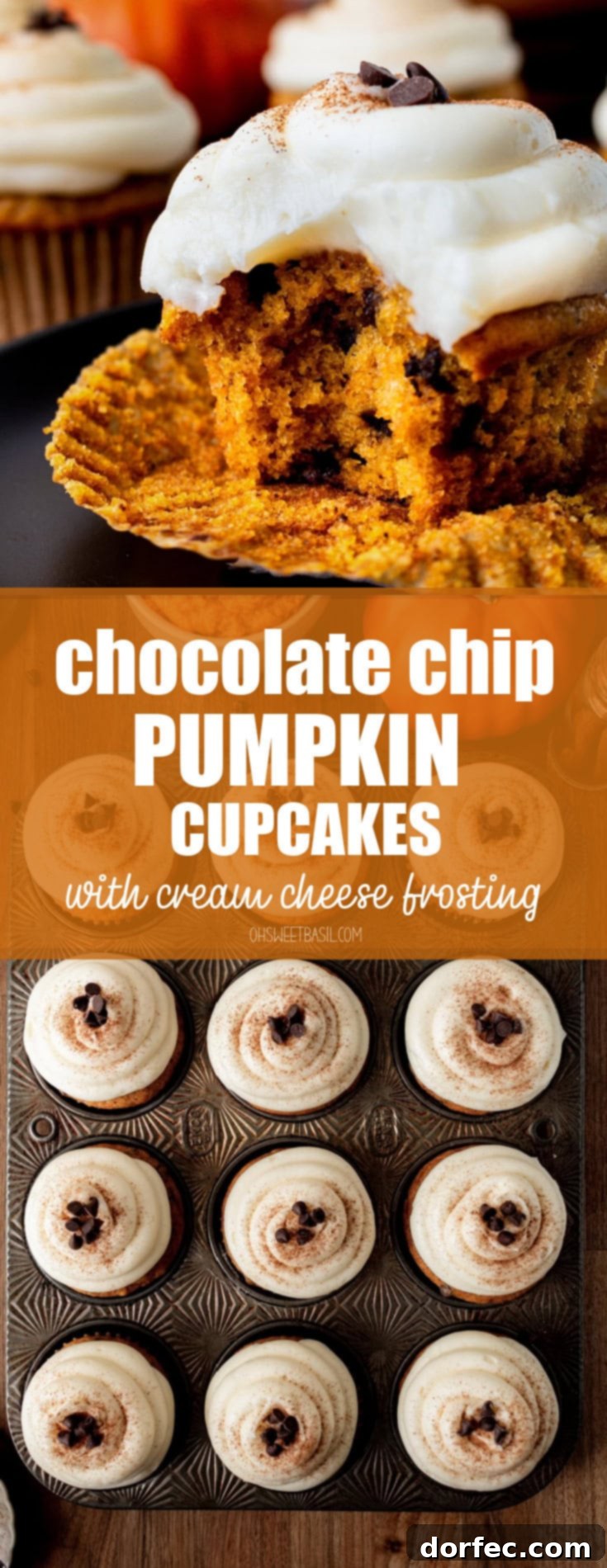 a photo of a chocolate chip pumpkin cupcake with a bite taken out of it and topped with cream cheese frosting