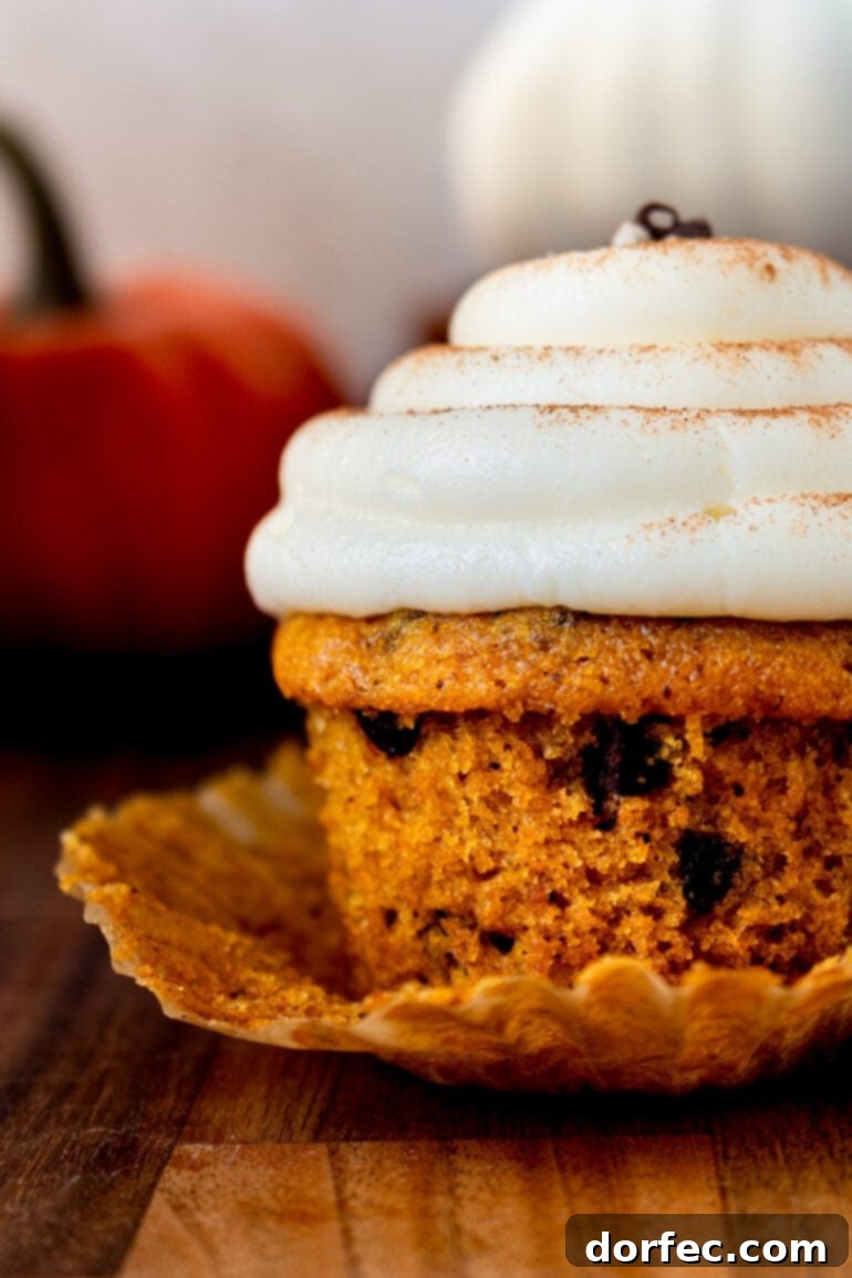 a photo taken from the side of a moist pumpkin chocolate chip cupcake topped with cream cheese frosting sitting on an open cupcake wrapper