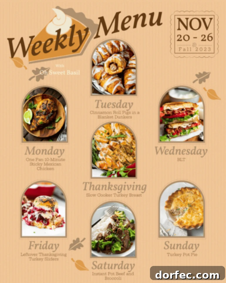 Effortless Weekly Menu November 20 to 26 2 A comprehensive and vibrant graphic of a weekly menu plan, meticulously laid out to showcase delicious and easy recipes for each day of Thanksgiving week. It highlights quick dinner ideas, essential holiday preparation reminders, and innovative solutions for maximizing Thanksgiving leftovers, all designed for a stress-free culinary experience.