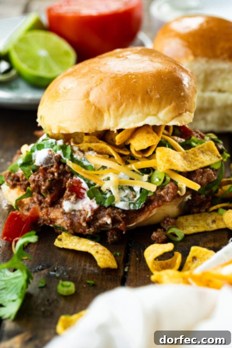 Meals for the Week: November 27 to December 3 5 A photo of a hamburger bun stuffed with a layer of juicy taco meat, shredded lettuce, cheddar cheese, sour cream, and diced tomatoes with a layer of Fritos.