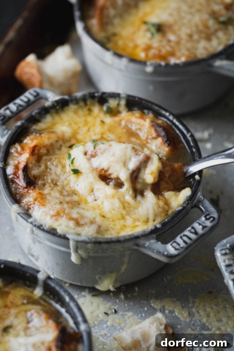 Meals for the Week: November 27 to December 3 8 A spoon in a bowl of onion soup. The soup is topped with gooey melted cheese and toasted bread.
