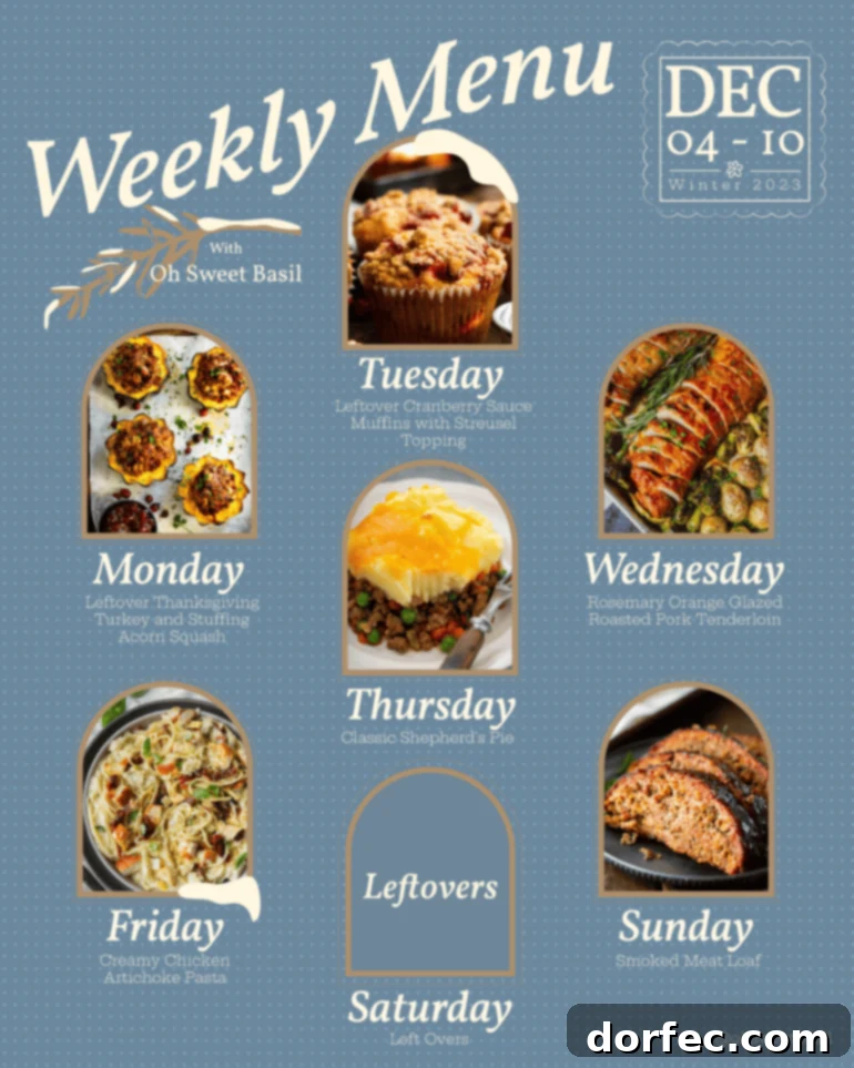 A beautifully arranged weekly menu plan for December 4-10, featuring various delicious dishes and highlighting the use of Thanksgiving leftovers.