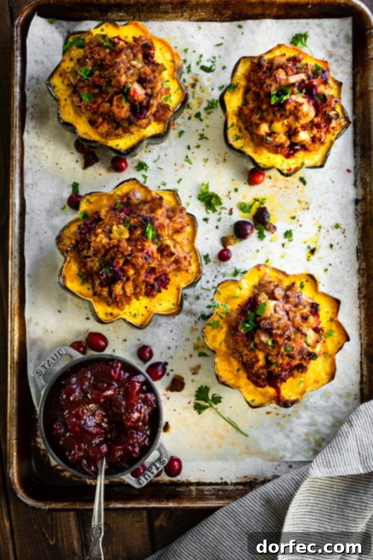 A photo of several acorn squashes that have been cut in half and roasted and stuffed with turkey, stuffing and cranberry sauce. This dish offers a delicious way to use Thanksgiving leftovers.