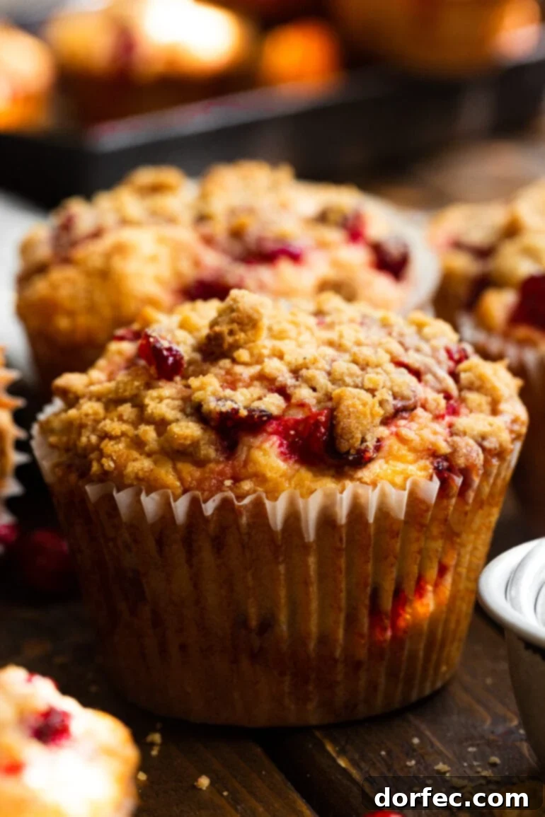 A photo of a cranberry sauce muffin topped with a crumb streusel topping in a white muffin liner, showcasing a creative use for leftover cranberry sauce.