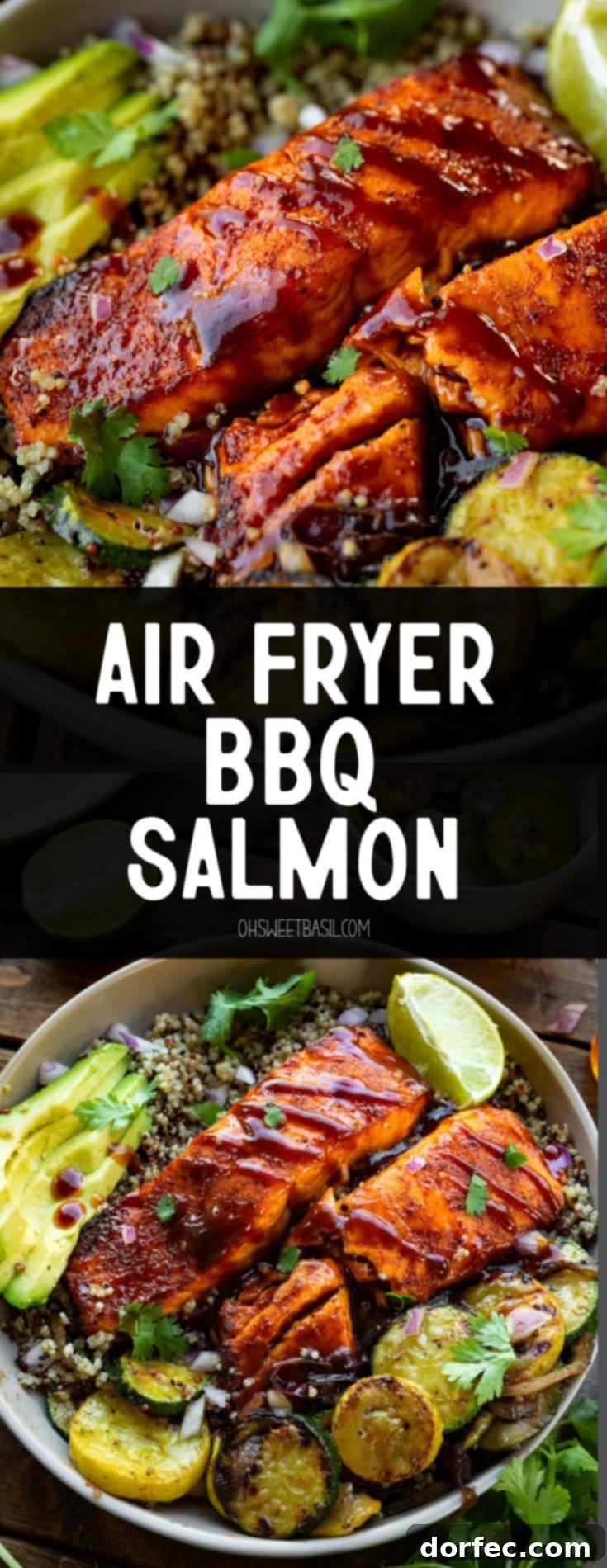 Tender Smoky Air Fryer Salmon 10 Two BBQ salmon fillets glazed with sauce, resting on a plate alongside grilled zucchini, lime wedges, and sliced avocado, showcasing a healthy and vibrant meal.