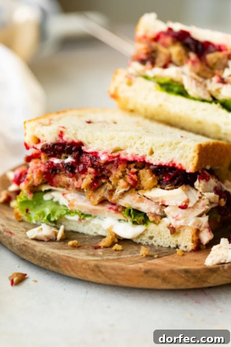 A cross-section view of The Gobbler, a loaded Thanksgiving leftover turkey sandwich, showcasing layers of turkey, stuffing, cranberry sauce, gravy, and lettuce.