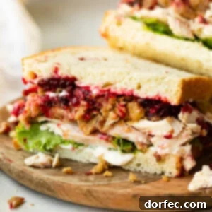 a photo of a half a turkey sandwich showing the cross section of the sandwich loaded with stuffing, cranberry sauce, turkey, lettuce, etc.