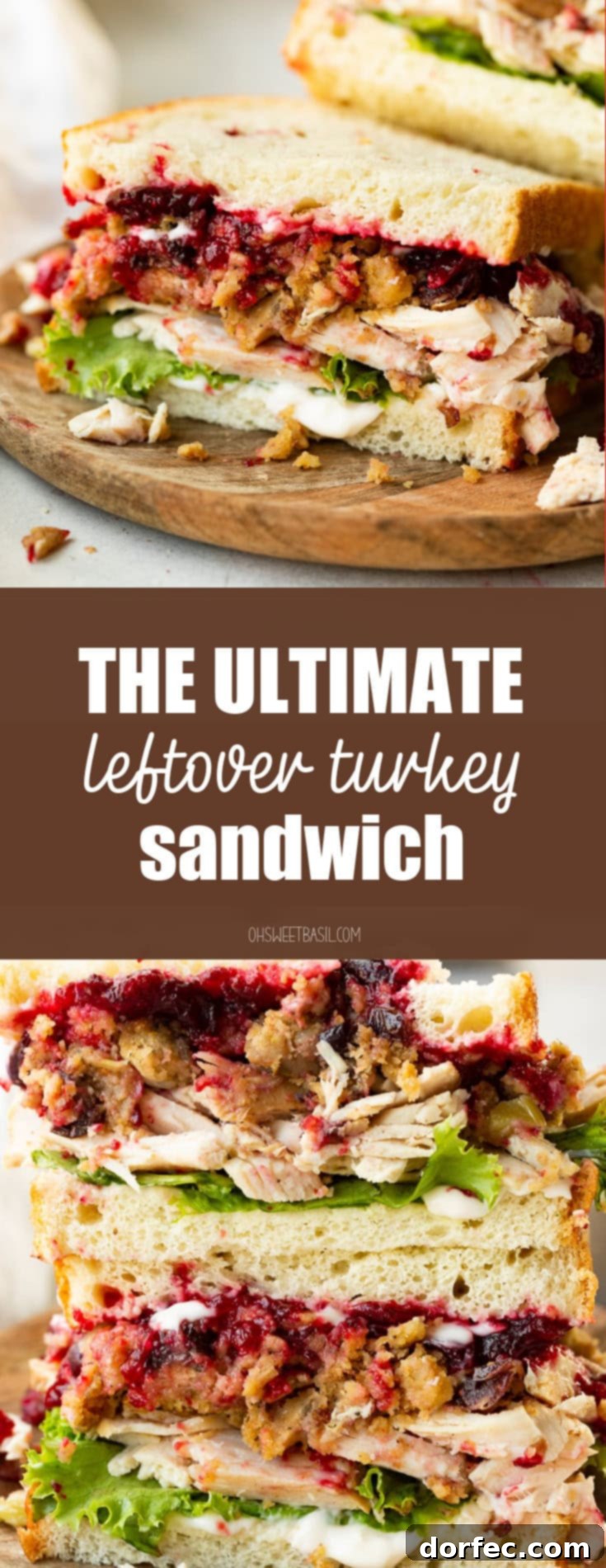 A stunning, vibrant photo of a half-eaten Thanksgiving leftover turkey sandwich, 'The Gobbler,' showcasing its cross-section with layers of turkey, stuffing, cranberry sauce, gravy, and lettuce.