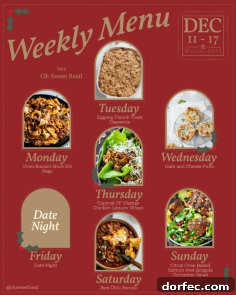 Weekly Meal Plan: December 11-17 2 A vibrant collage or spread of various enticing dishes representing a week's worth of diverse and delicious home-cooked meals, ready for meal planning.