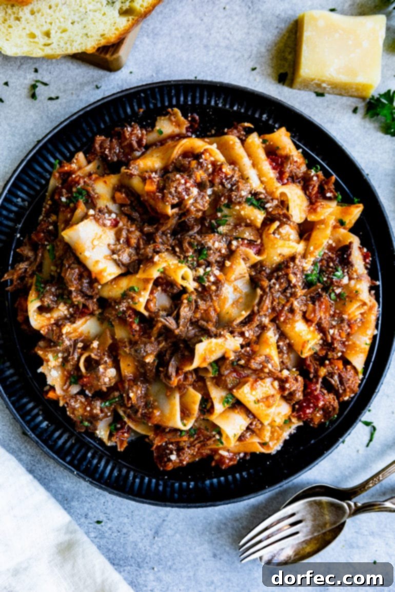 Weekly Meal Plan: December 11-17 3 A large, elegant black plate is generously piled with wide, hearty pasta noodles, thoroughly coated in a rich, dark, and luscious slow-braised short rib ragu, beautifully finished with a generous topping of freshly grated Parmesan cheese.
