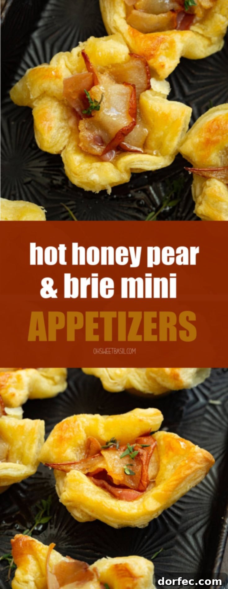 A photo of several puff pastry bites filled with roasted pear, prosciutto, thyme and hot honey, served on a platter.