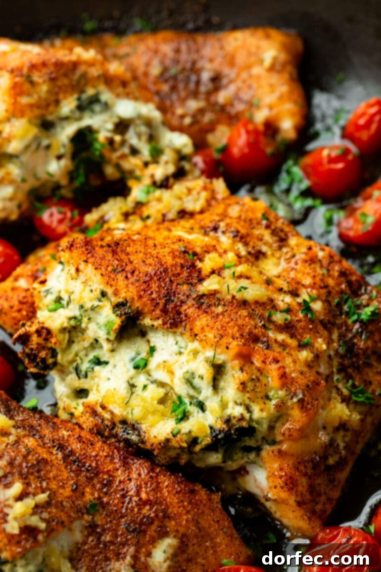 A close-up photo of a stuffed salmon fillet, showcasing the creamy spinach artichoke filling, baked to golden perfection.