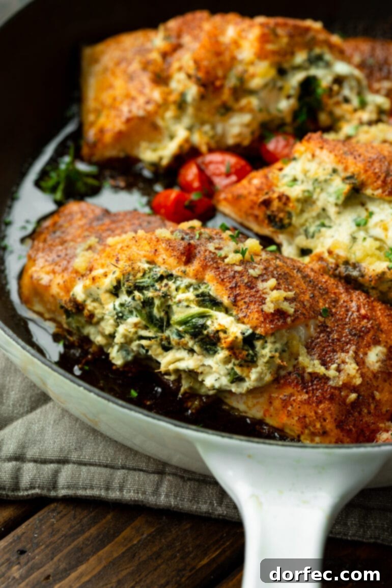 A close-up photo of a beautifully seasoned baked salmon fillet, expertly stuffed with a creamy spinach artichoke filling, ready to be enjoyed.