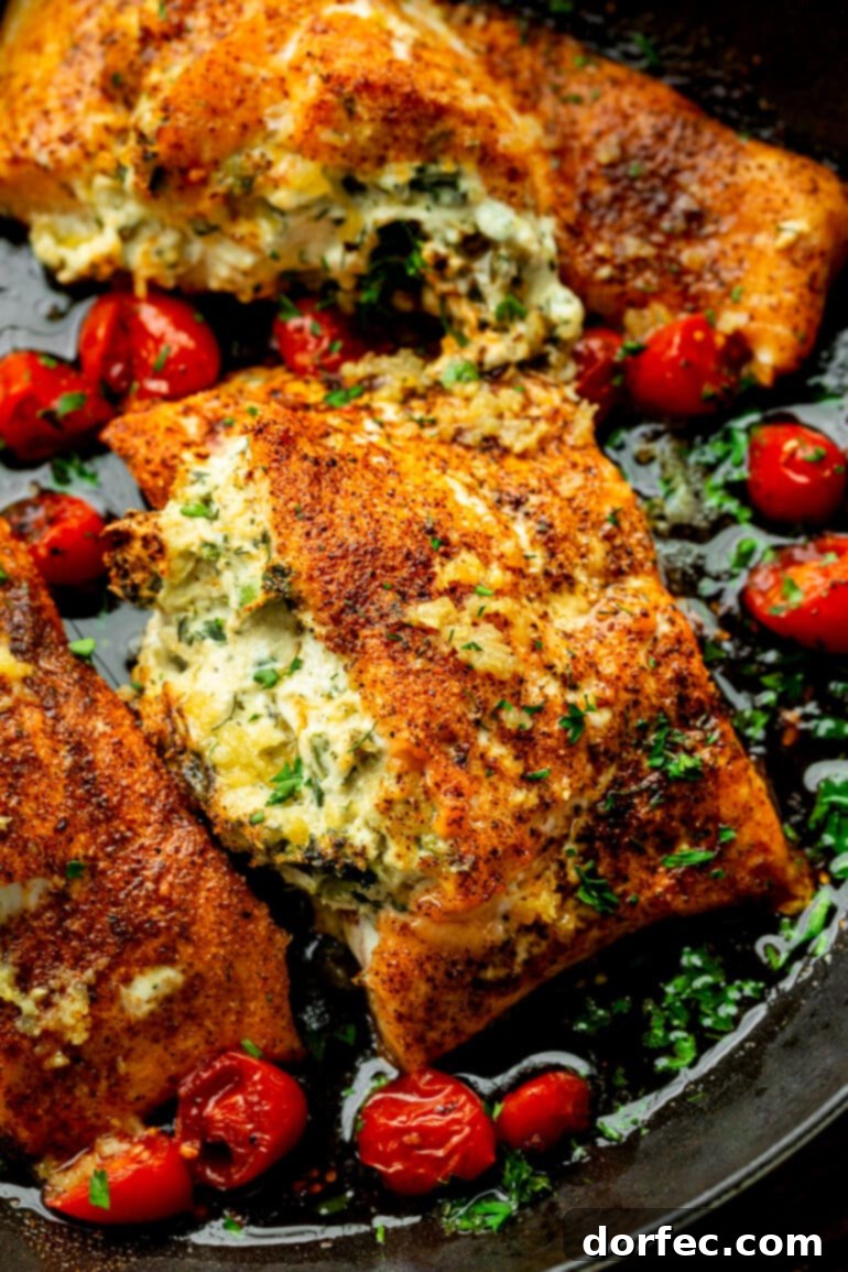 A photo of a spice-rubbed salmon fillet, exquisitely stuffed with a creamy artichoke and spinach filling, baked until flaky and golden.