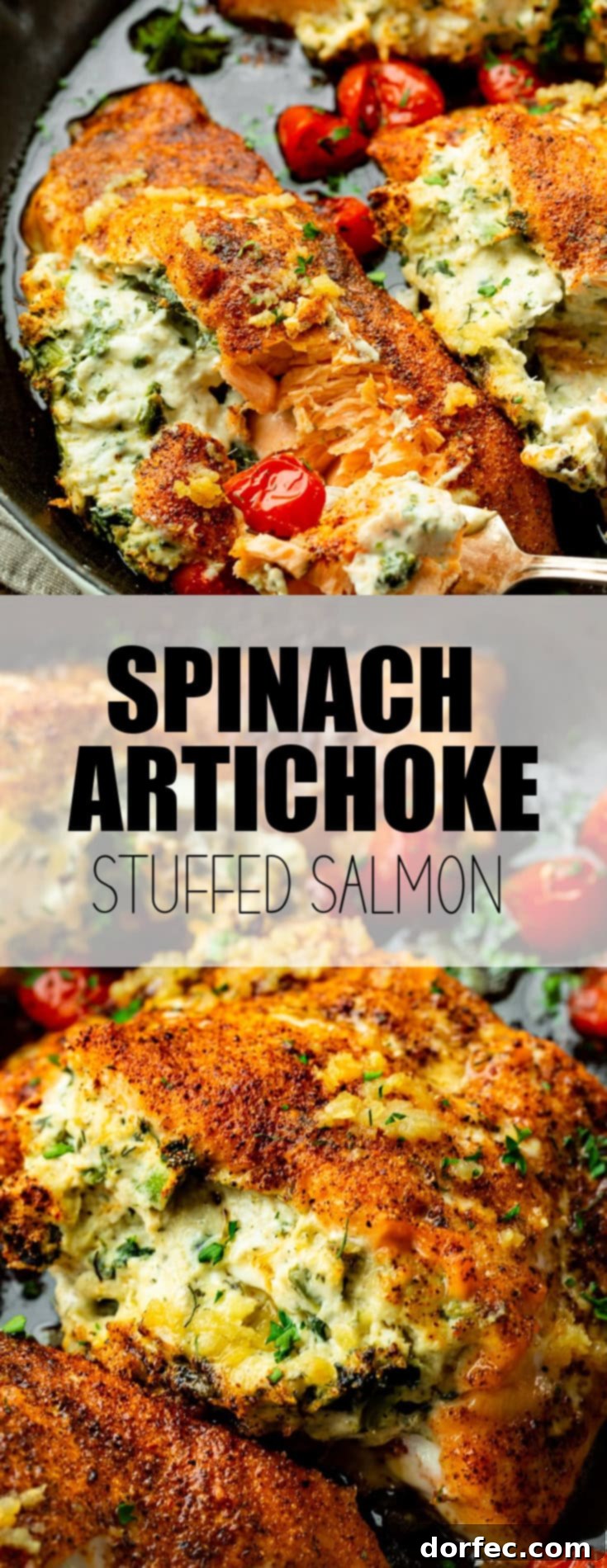A close-up photo of a creamy spinach artichoke stuffed salmon fillet, surrounded by cooked cherry tomatoes, with a fork removing a perfect bite.