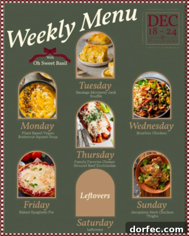 A beautifully presented weekly meal plan graphic, showcasing a variety of delicious dishes for each day of the week, set against a festive, cozy background, perfect for pre-holiday planning.