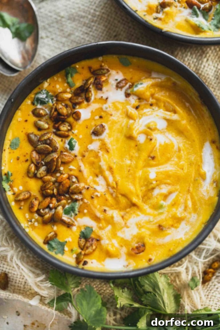 A top view of vibrant yellow vegan butternut squash soup, garnished with fresh cilantro and crunchy roasted hemp seeds, served in a rustic bowl.